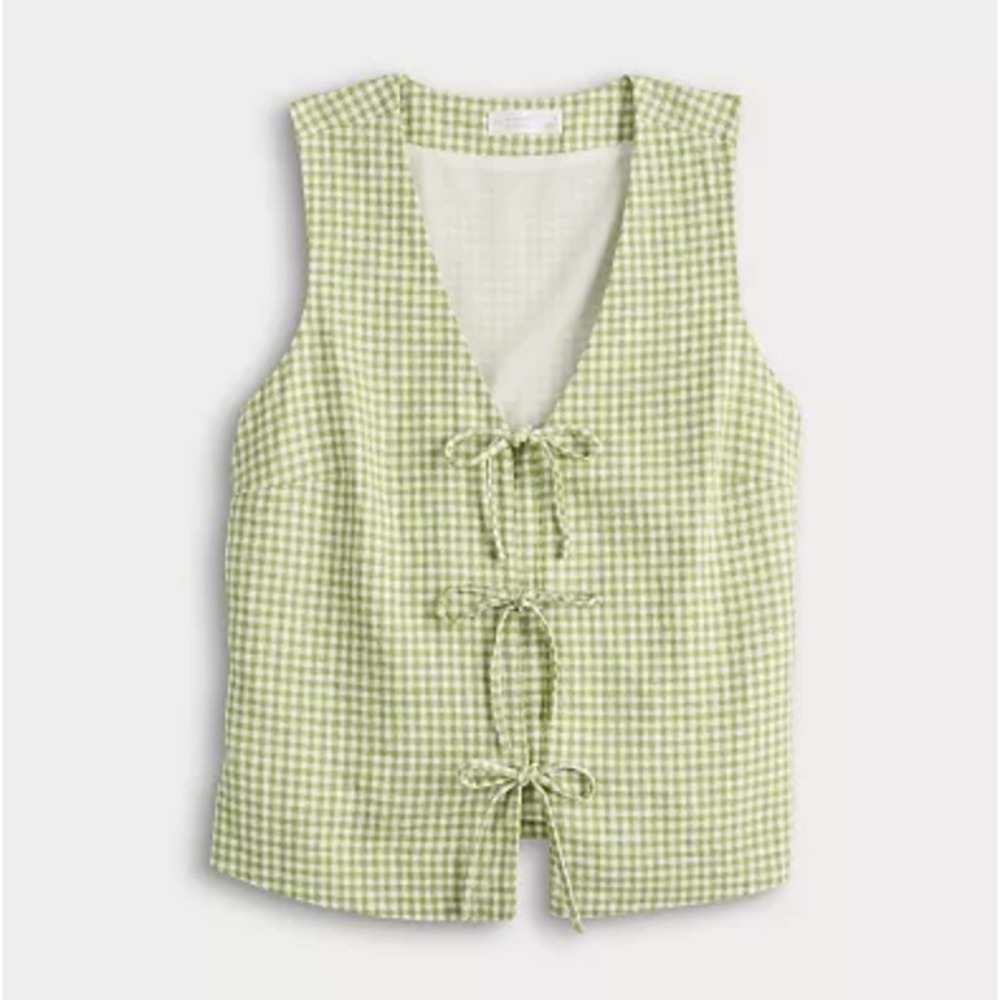 Gingham Linen Tie Front Green Vest XL Waistcoat Bows Picnic Romantic Cottagecore